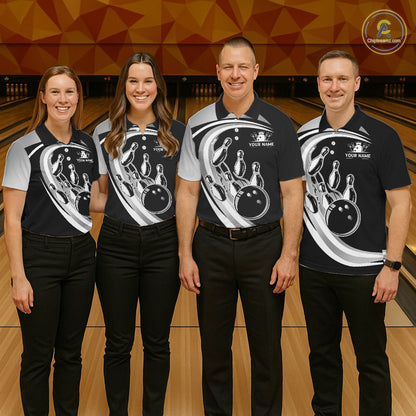 Black and Silver Bowling Shirts For Men Custom Bowling Team League Jerseys, Gift For Bowler NQS11416