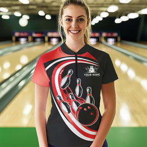 Black & Red Bowling Polo, 1/4 Zip Shirt For Women Custom Bowling Team League Jersey, Gift For Bowler NQS9490