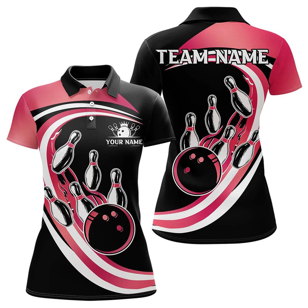Black & Pink Bowling Polo, 1/4 Zip Shirt For Women Custom Bowling Team League Jersey, Gift For Bowler NQS9491