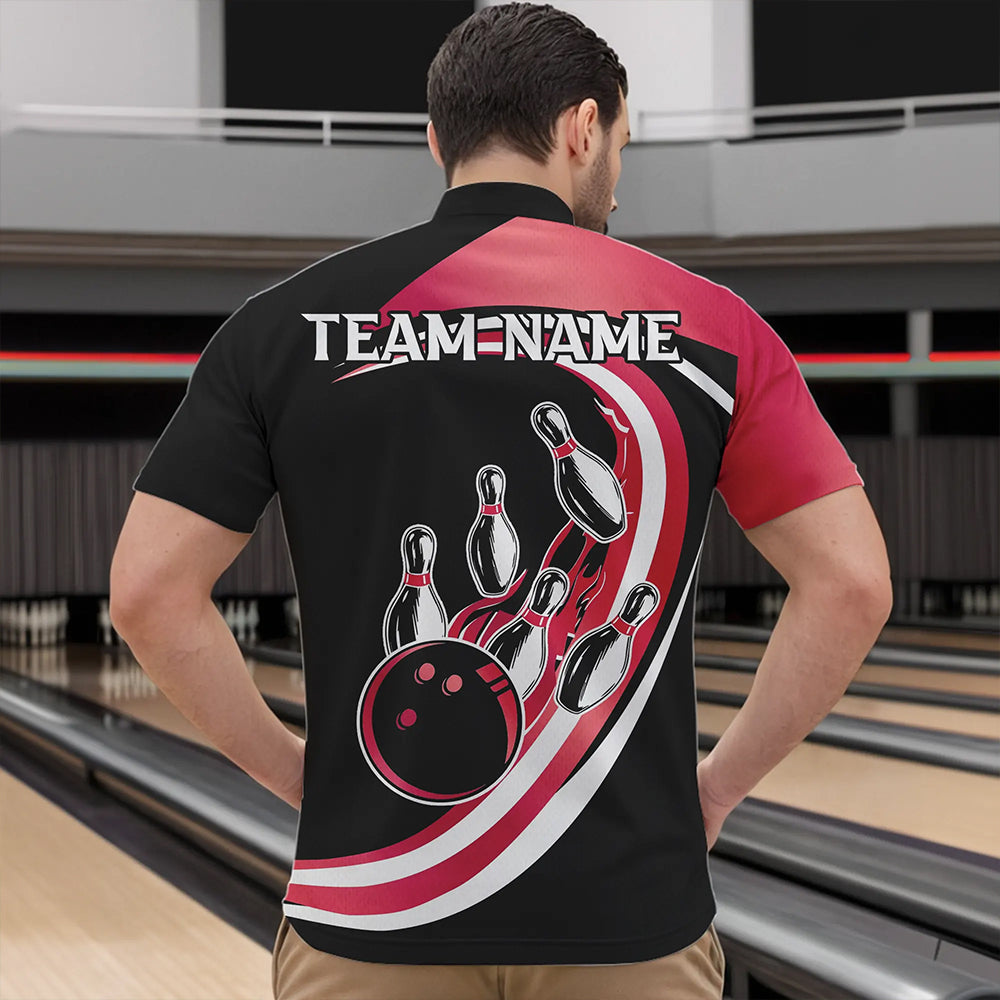 Black and Pink Bowling Polo, 1/4 Zip Shirt For Men Custom Bowling Team League Jersey, Gift For Bowler NQS9491