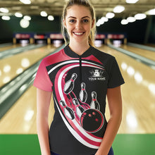 Load image into Gallery viewer, Black &amp; Pink Bowling Polo, 1/4 Zip Shirt For Women Custom Bowling Team League Jersey, Gift For Bowler NQS9491