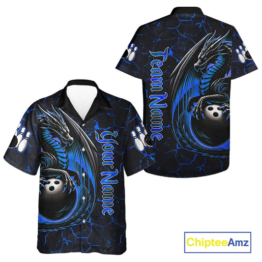 Black And Blue Custom Dragon Bowling Button-up Shirts, Dragon Hawaiian Bowling Team Shirts NQS11620
