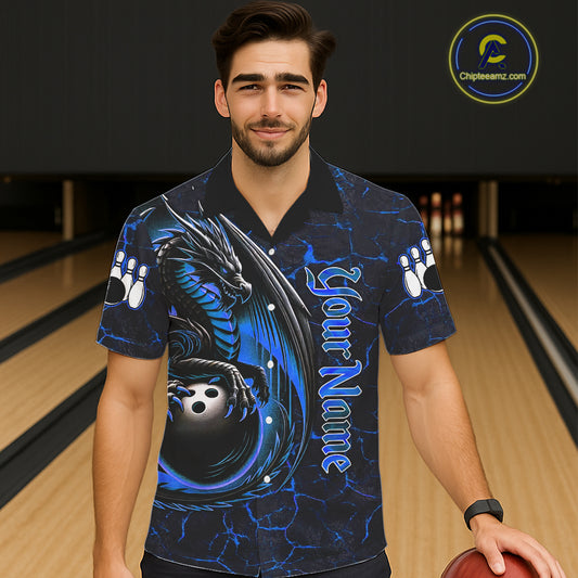 Black And Blue Custom Dragon Bowling Button-up Shirts, Dragon Hawaiian Bowling Team Shirts NQS11620
