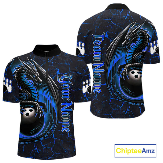 Black And Blue Custom Dragon Bowling Shirts For Men, Dragon Bowling Team Shirts NQS11620