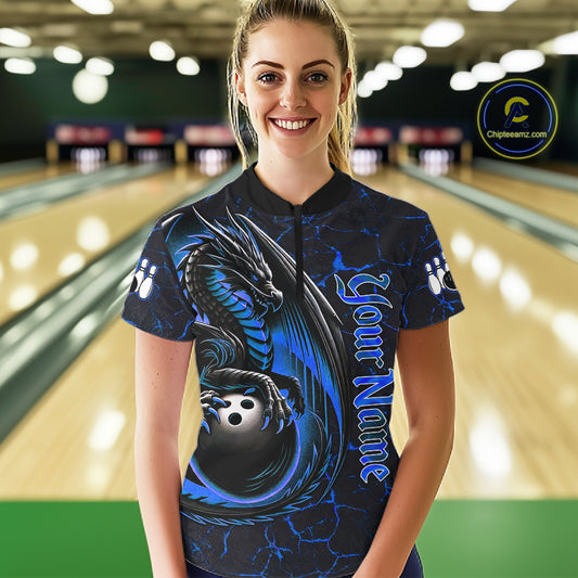 Black And Blue Custom Dragon Bowling Shirts For Women, Dragon Bowling Team Shirts NQS11620