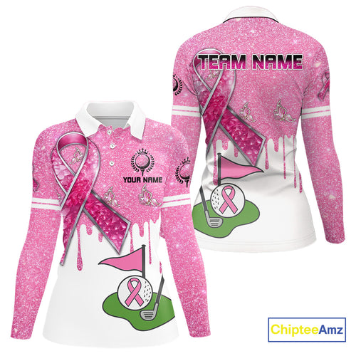 Pink ribbon glitter Golf Polo Shirts For Women Custom team golf jerseys, breast cancer golf shirts NQS9882