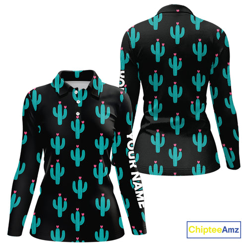 Personalized black & green cactus flower pattern Women golf polo shirts custom cactus golf shirts NQS9942