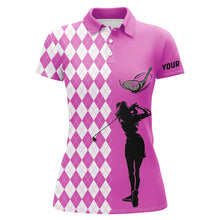Load image into Gallery viewer, Personalized white argyle plaid pattern Womens golf polo shirts, custom Pink golf apparel for ladies NQS7790