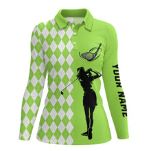 Load image into Gallery viewer, Personalized white argyle plaid pattern Womens golf polo shirts, custom Green golf apparel for ladies NQS7791
