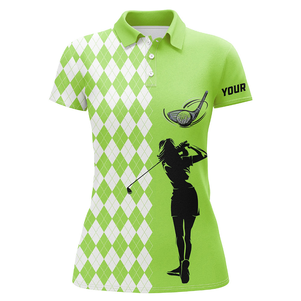 Personalized white argyle plaid pattern Womens golf polo shirts, custom Green golf apparel for ladies NQS7791
