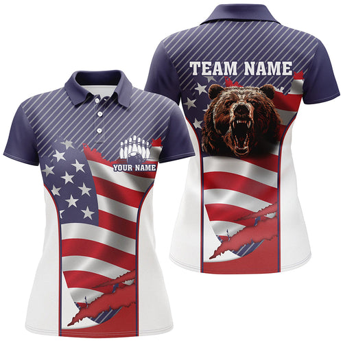 American flag Bowling Bear Bowling Polo, Quarter Zip shirts for women custom team bear bowling jerseys NQS7792