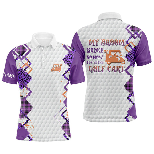 Funny Halloween Leopard Mens Golf Polo Shirts Custom My broom broke so now I drive the golf cart NQS8214