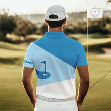 Load image into Gallery viewer, Mens golf polo shirts custom blue and white golf apparel for men, golfing gifts NQS10409
