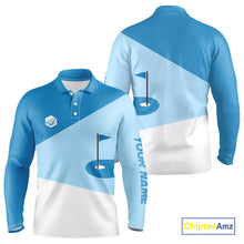 Load image into Gallery viewer, Mens golf polo shirts custom blue and white golf apparel for men, golfing gifts NQS10409