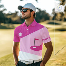 Load image into Gallery viewer, Mens golf polo shirts custom pink and white golf apparel for men, golfing gifts NQS10410