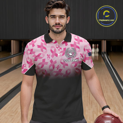 Pink ribbon pattern Men bowling shirt Custom American flag patriotic breast cancer bowling team shirt NQS10411