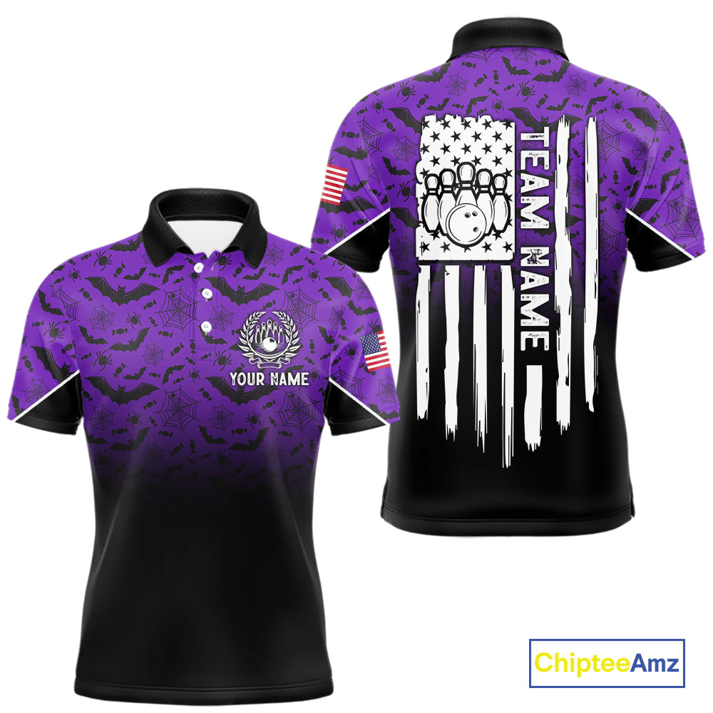 Purple Halloween pattern Custom American flag patriotic Bowling shirt for men, Bowling team jersey NQS10415