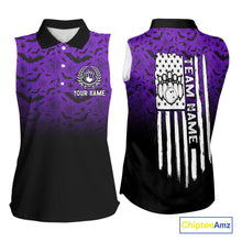 Load image into Gallery viewer, Purple Halloween pattern Custom American flag patriotic Bowling Sleeveless polo shirt team jersey NQS10415