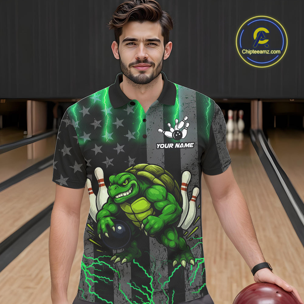 Load image into Gallery viewer, Black American flag Men's bowling shirts Custom Green lightning thunder Turtle Bowling Team Jerseys NQS10623