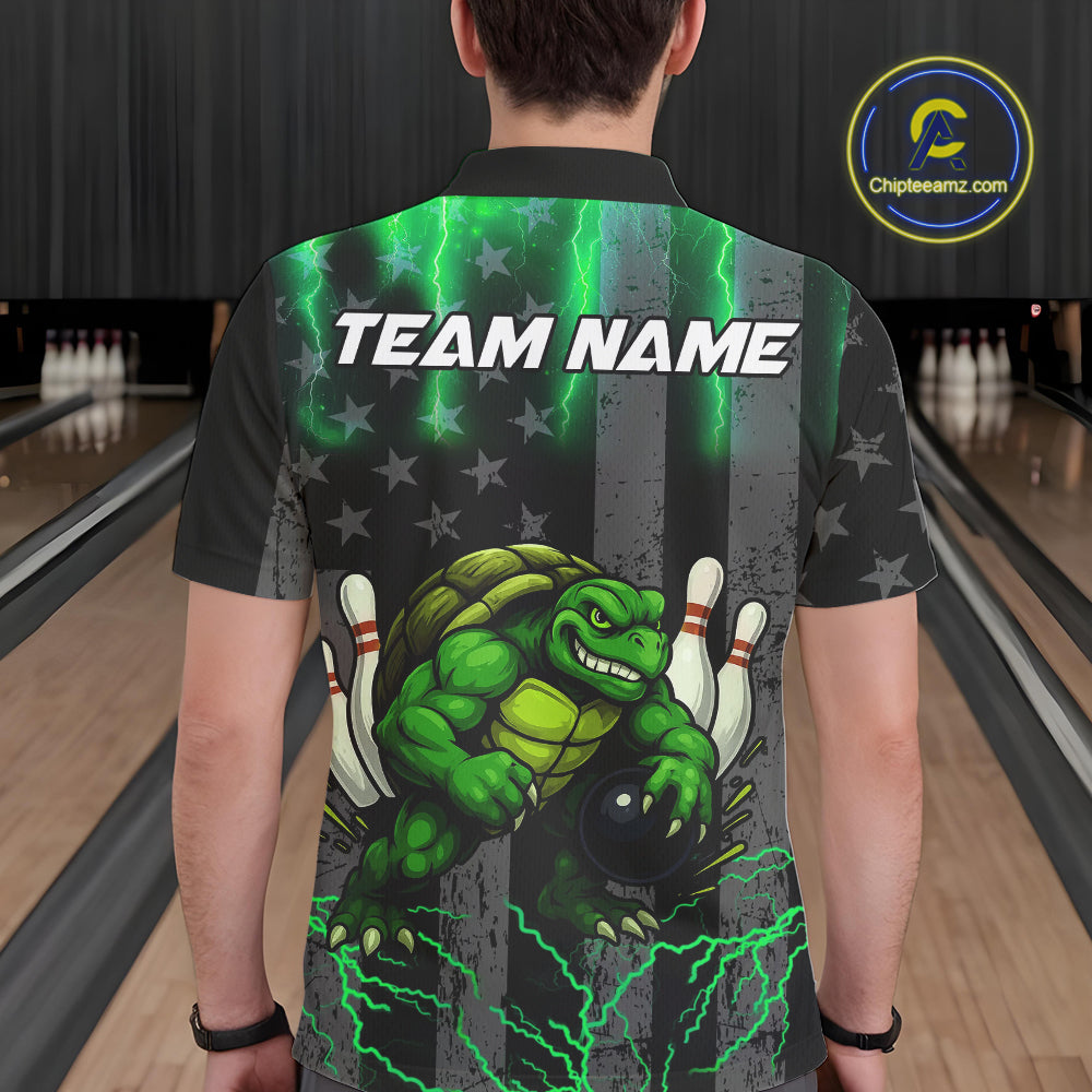 Load image into Gallery viewer, Black American flag Men's bowling shirts Custom Green lightning thunder Turtle Bowling Team Jerseys NQS10623