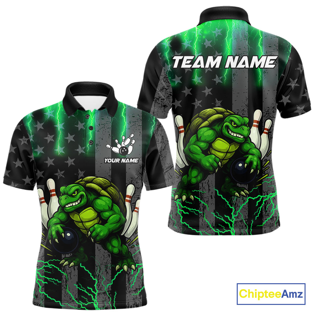Load image into Gallery viewer, Black American flag Men's bowling shirts Custom Green lightning thunder Turtle Bowling Team Jerseys NQS10623