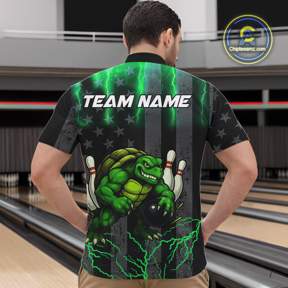 Load image into Gallery viewer, Black American flag Men's bowling shirts Custom Green lightning thunder Turtle Bowling Team Jerseys NQS10623