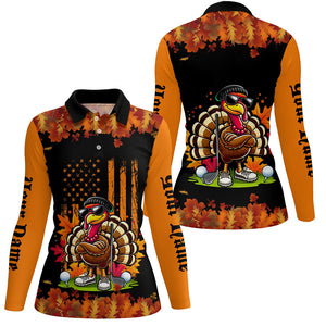 Black and Orange Autumn American Flag Thanksgiving Turkey custom Women golf polo shirts golf gift NQS8674