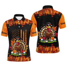 Load image into Gallery viewer, Black and Orange Autumn American Flag Thanksgiving Turkey custom Men golf polo shirts unique golf gift NQS8674