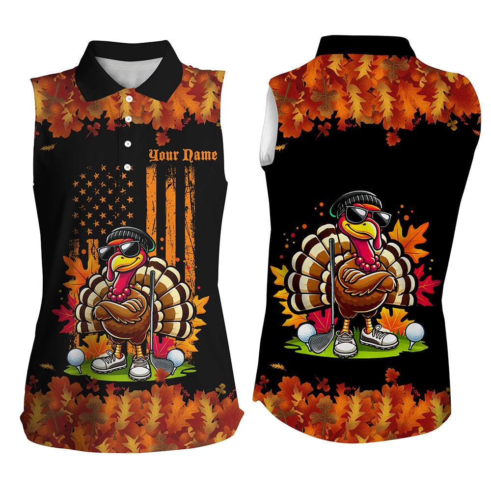 Black and Orange Autumn American Flag Thanksgiving Turkey custom Women sleeveless polo shirt golf gift NQS8674