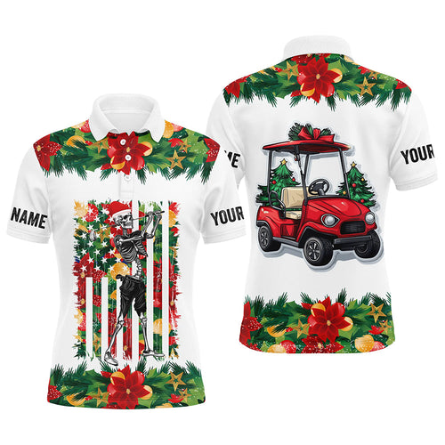 Christmas Skull golf cart American Flag custom Men golf polo shirts, unique Christmas golf gifts NQS8675