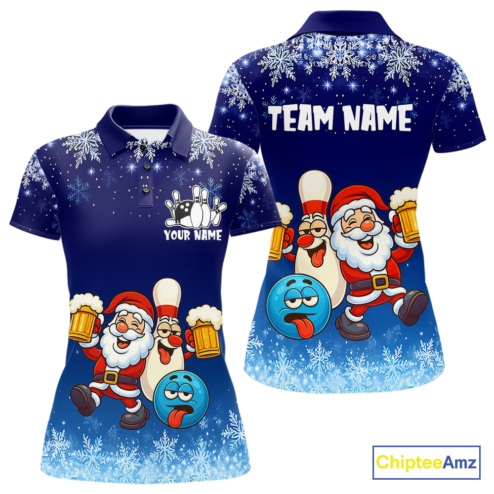 Funny Santa Drink Beer Blue snowflake Bowling Shirts For Women Custom Christmas Bowling Team Jerseys NQS11056