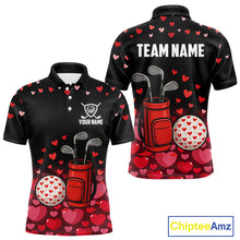 Load image into Gallery viewer, Black &amp; Red Heart Pattern Valentine matching golf polo shirts for couples Custom couples golf outfits NQS11229