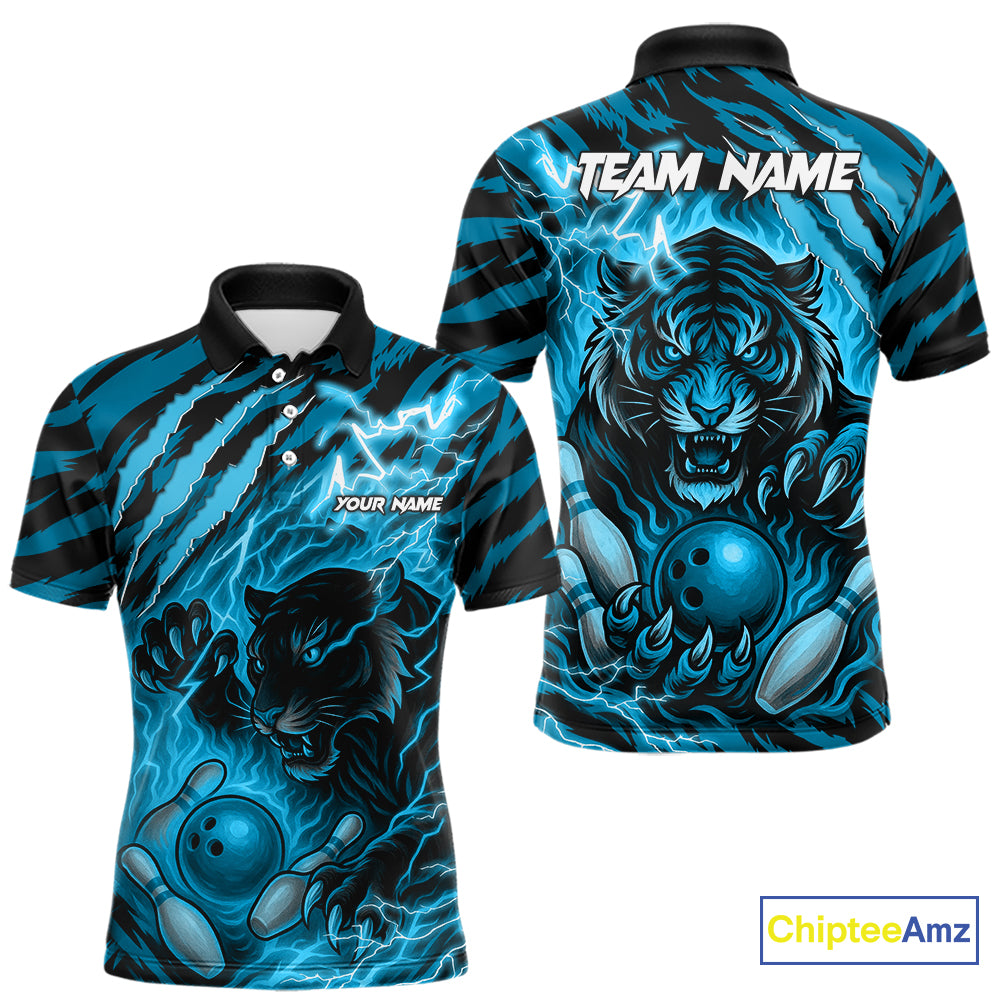 Personalized Tiger Bowling Shirts For Men, Blue Flame Lightning Thunder Tiger Team Bowling Jerseys NQS11232