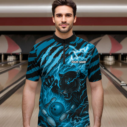 Personalized Tiger Bowling Shirts For Men, Blue Flame Lightning Thunder Tiger Team Bowling Jerseys NQS11232