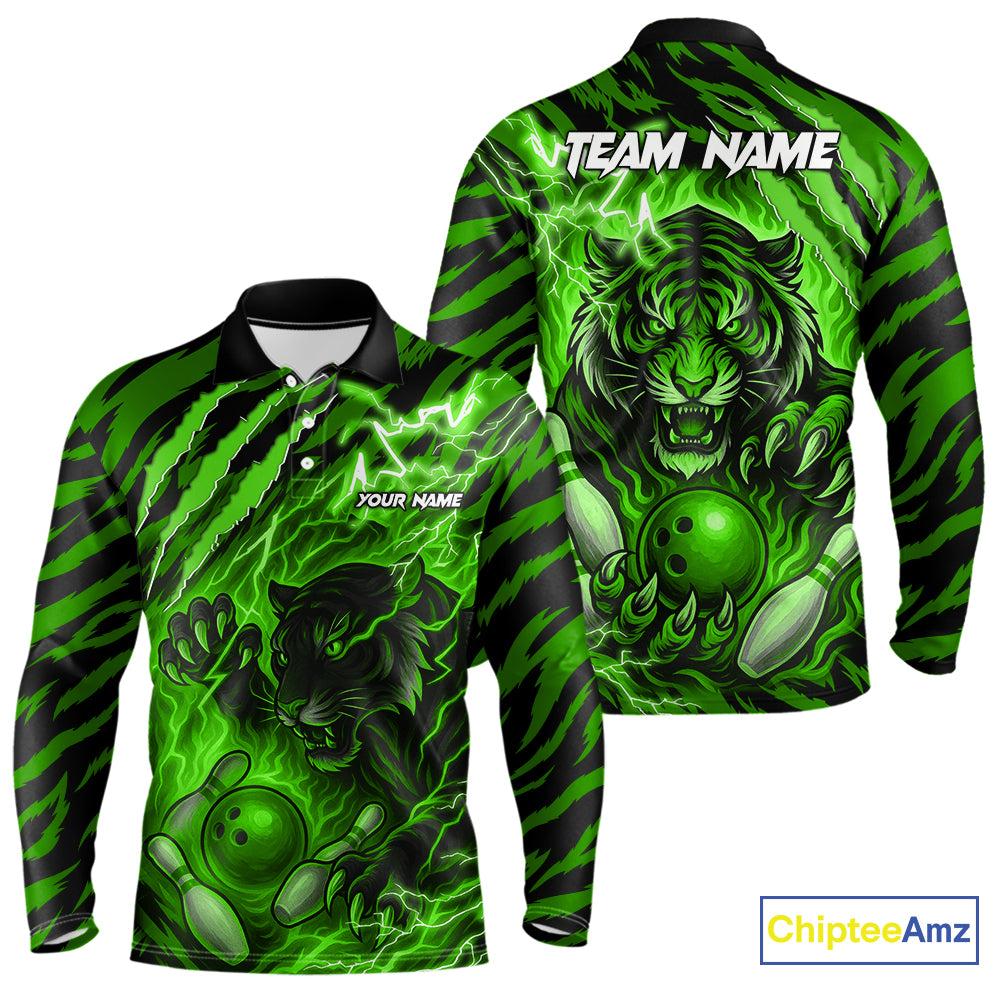 Personalized Tiger Bowling Shirts For Men, Green Flame Lightning Thunder Tiger Team Bowling Jerseys NQS11233