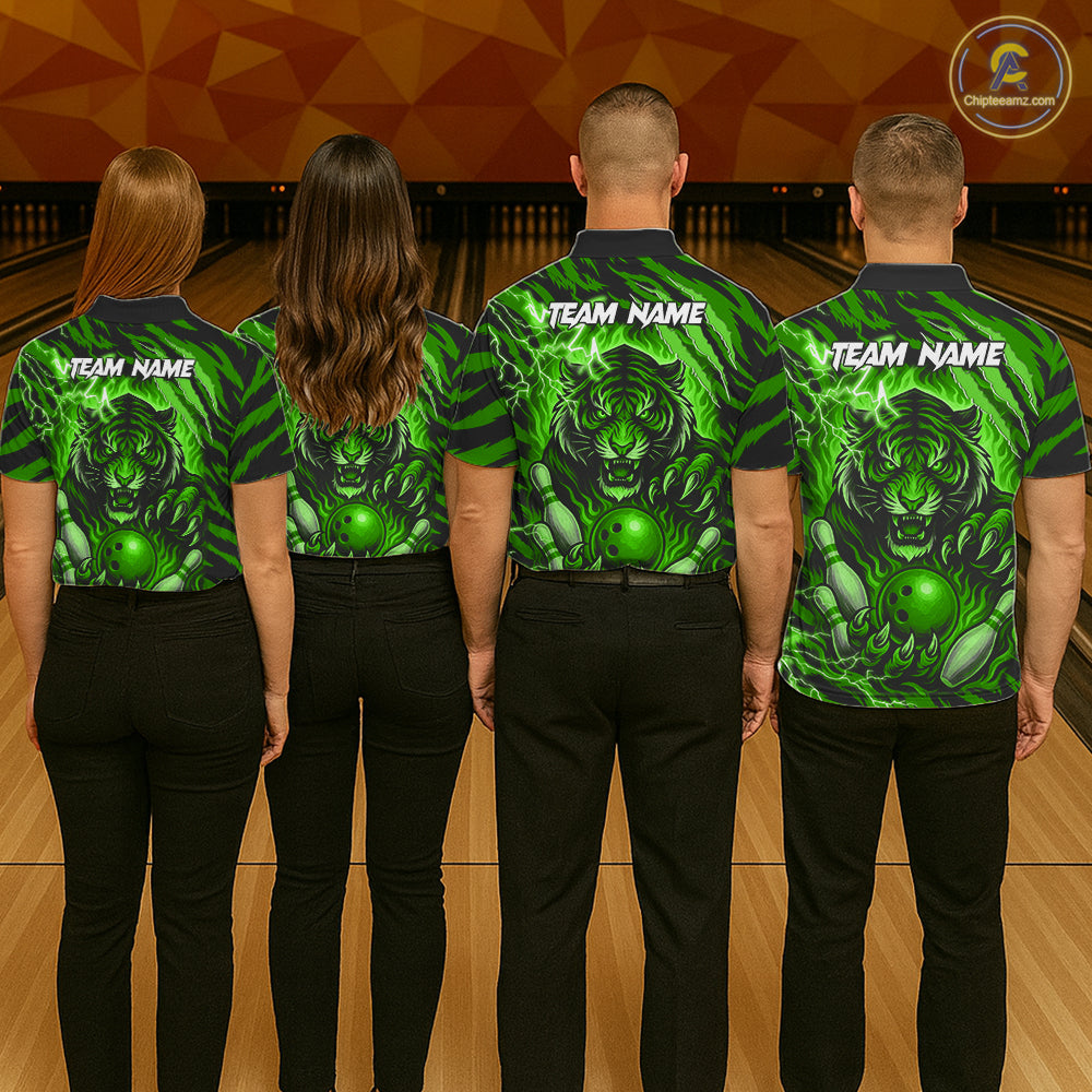 Personalized Tiger Bowling Shirts For Men, Green Flame Lightning Thunder Tiger Team Bowling Jerseys NQS11233