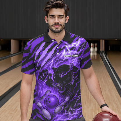 Personalized Tiger Bowling Shirts For Men, Purple Flame Lightning Thunder Tiger Team Bowling Jerseys NQS11234