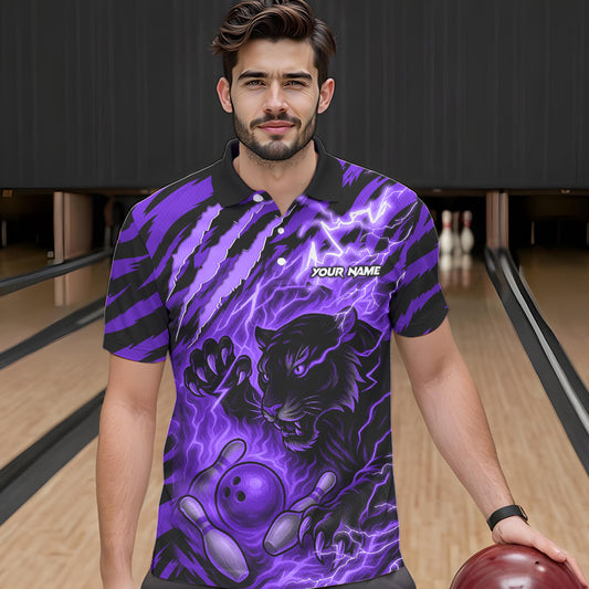 Personalized Tiger Bowling Shirts For Men, Purple Flame Lightning Thunder Tiger Team Bowling Jerseys NQS11234