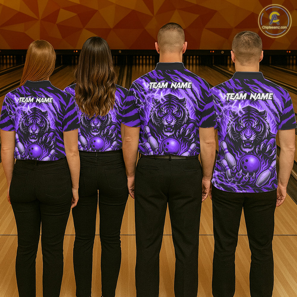 Personalized Tiger Bowling Shirts For Men, Purple Flame Lightning Thunder Tiger Team Bowling Jerseys NQS11234