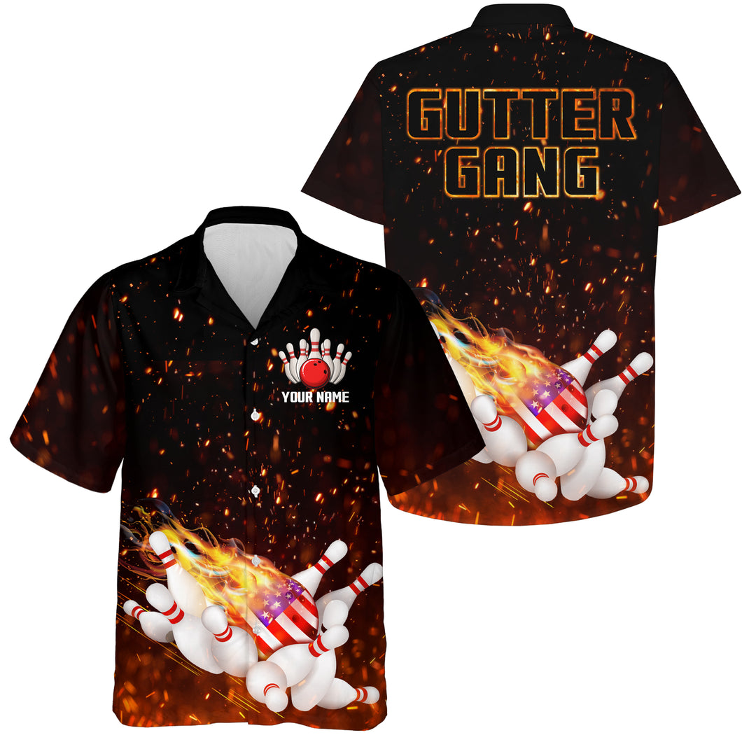 Personalized flame American flag Bowling Hawaiian Shirt Custom Gutter gang team bowling shirts NQS4665