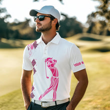 Load image into Gallery viewer, Pink Leopard argyle pattern white Men golf polo shirts custom golf wear for men, unique golf gifts NQS9349