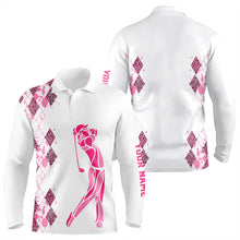 Load image into Gallery viewer, Pink Leopard argyle pattern white Men golf polo shirts custom golf wear for men, unique golf gifts NQS9349