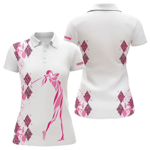 Pink Leopard argyle pattern white Women golf polo shirts custom golf wear for women, unique golf gifts NQS9349