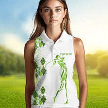 Load image into Gallery viewer, Green Leopard argyle pattern white Women sleeveless golf polo shirt custom golf tank top for women NQS9350