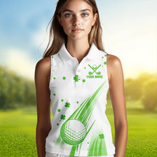 Load image into Gallery viewer, Green &amp; White shamrock Lucky Women sleeveless polo shirt Custom St Patrick Day golf attire for ladies NQS9500