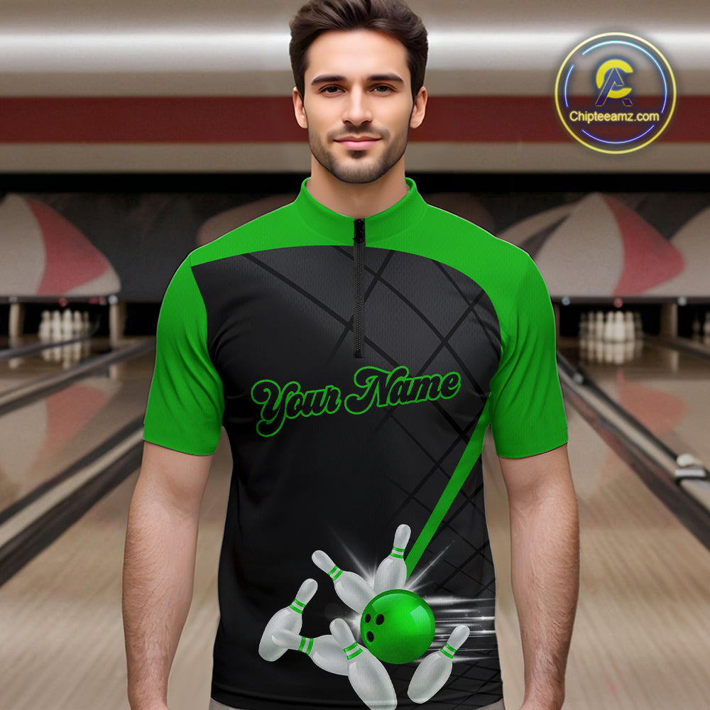 Black and Green bowling league jersey custom Mens Bowling Polo, 1/4 zip Shirt, gifts for men bowler NQS10096