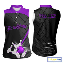 Load image into Gallery viewer, Black &amp; Purple bowling league jersey custom Bowling sleeveless polo Shirt, gifts for ladies bowler NQS10097