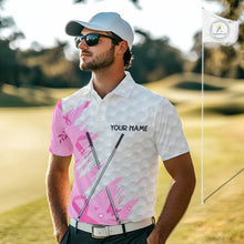 Load image into Gallery viewer, Pink ribbon breast cancer pattern custom name white Mens golf polo shirts, team golf tops for men NQS10421
