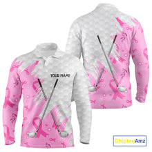 Load image into Gallery viewer, Pink ribbon breast cancer pattern custom name white Mens golf polo shirts, team golf tops for men NQS10421
