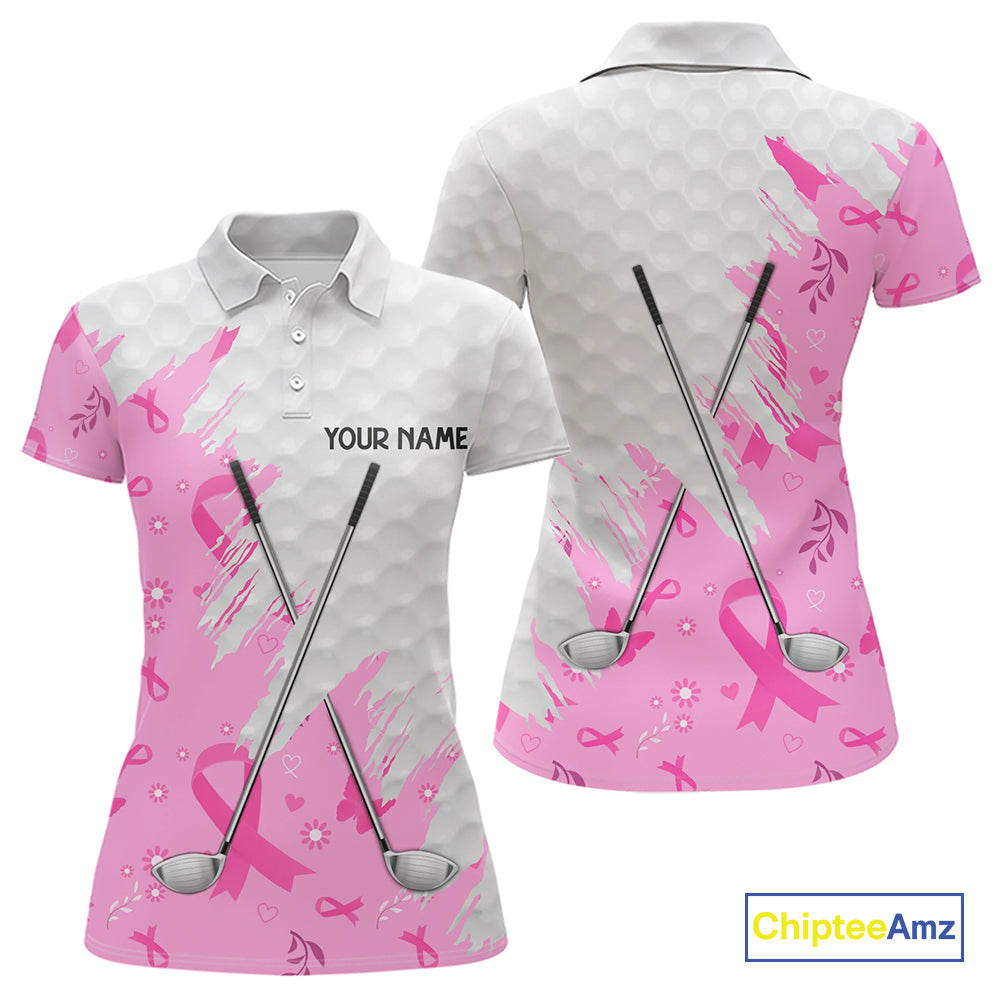 Pink ribbon breast cancer pattern custom name white Women golf polo shirts, team golf tops for ladies NQS10421
